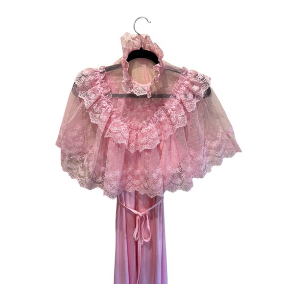 Vintage Pink Lace Dress 70s House of Nu-Mode 5/6 Slip Gown Coquette Easter - Picture 3 of 9